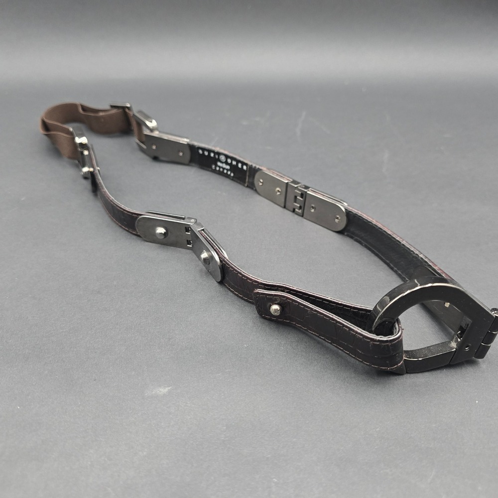 Suzi Roher Metal Leather Stretch Belt Brown Croc Gunmetal Carabiner Medium